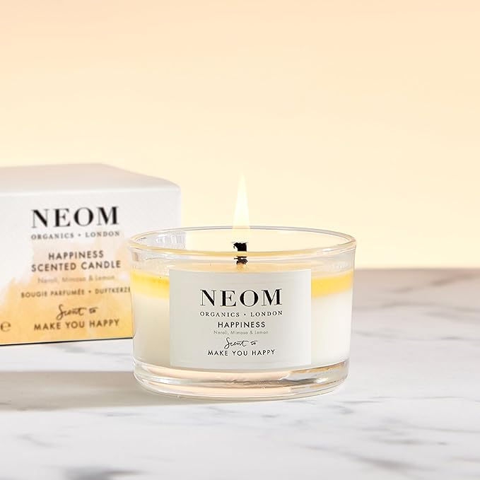 NEOM- Happiness Travel Candle, 125g | Neroli, Mimosa & Lemon | Essential Oil Candle