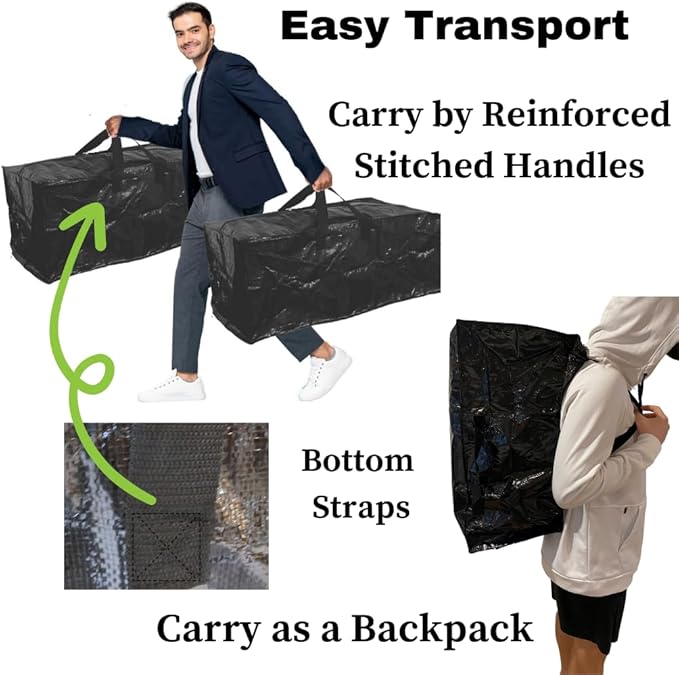 Evelots Large Packing Bags for Moving 4 Pack Storage Totes for Space Saving with Zippers & Carrying Handles for Camping, Garage, Outdoor Patio Cushion, Clothes, Comforters Storage Bags Black