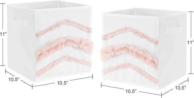 Sweet Jojo Designs Boho Bohemian Foldable Fabric Storage Cube Bins Boxes Organizer Toys Kids Baby Children - Set of 2 - Blush Pink White Farmhouse Shabby Chic Designer Modern Minimalist Tufted