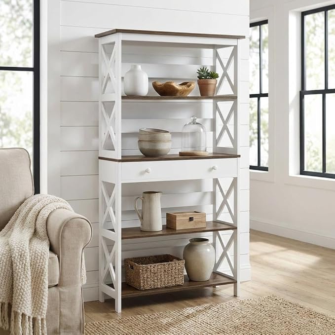 Furnifact Driftwood White 5-Tier Bookcase with Drawer, Durable MDF and Particle Board Construction, Melamine Finish, Stylish Storage Solution
