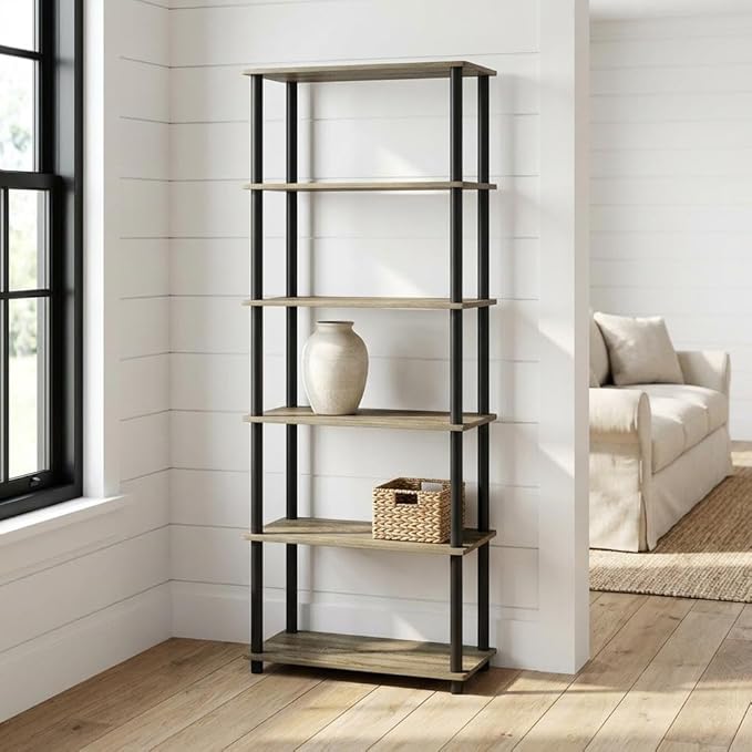 Furnifact French Oak Black Bookcase, Stylish Wood Design, Single piece Construction, Durable and Modern for Home or Office Storage
