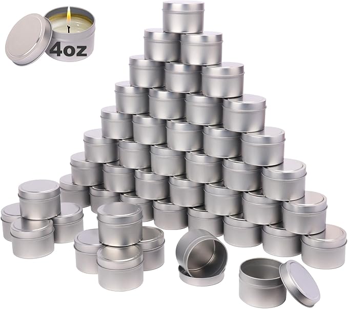 72 Pack 4 oz Sliver Metal Candle Tins with Lids, Round Bulk Metal Candle Jar, Matte Finish, Round 4 oz Candle Tins for DIY Candle Making and Storage