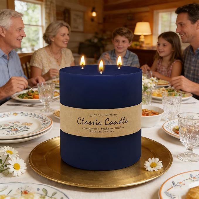 Large 3-Wick Navy Blue Pillar Candle - 6x6 Inch Dripless & Smokeless Unscented Fat Candle, 120 Hour Long Burning Hand-Poured Thick Candle with Cotton Wicks