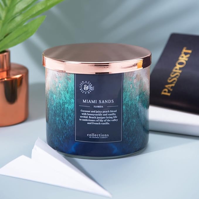 Colonial Candle Miami Sands Scented Jar Candle, Travel Collection, 3 Wick, Blue, 14.5 oz - Up to 60 Hours Burn
