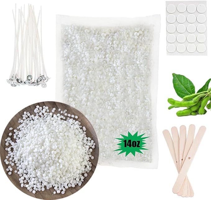 Natural Soy Wax for Candle Making, 14oz Organic Soy Wax Pellets with 20pcs Wick, 20pcs Wick Stickers and 5 Centering Device for Candle Making