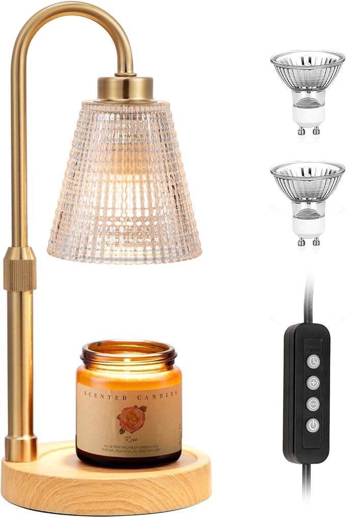Innqoo Wood Color& Clear Candle Warmer Lamp with Timer, Dimmable Candle Warmer for Jar Candles, Height Adjustable Wax Melts Warmer, Birthday Gifts for Women Mom, House Warming Gifts New Home Decor