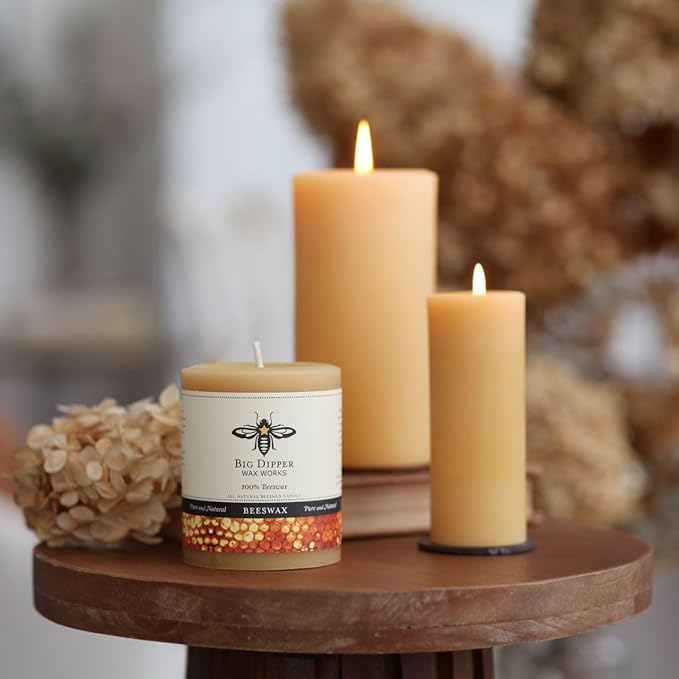 Big Dipper Wax Works 100% Pure Beeswax Pillar Candles (1 Pack) – 3" x 3.5" Handmade in USA, Long Burning Clean Soot-Free, Natural Honey Aroma, Eco-Friendly Cotton Wick, Home Décor & Meditation