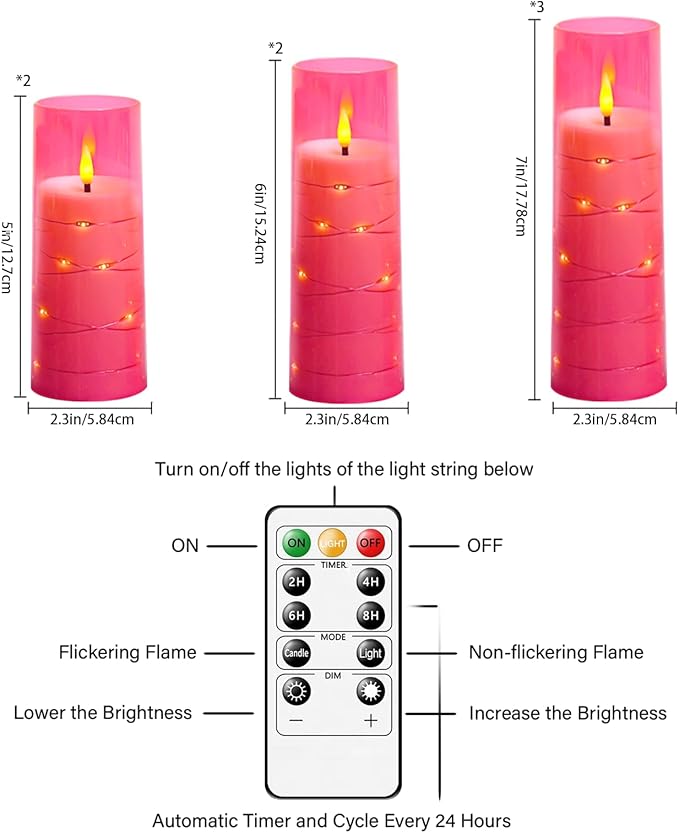 Flameless Candles,with Embedded Star String, Battery Operated Candles Flickering LED Pillar Candles with Remote Control and Timer, Home Decoration Add a Warm and Romantic Atmosphere，Set of 7 (Pink)