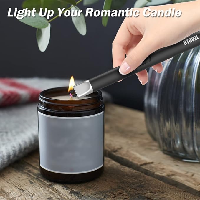 Candle Lighter, Electric USB Rechargeable, Arc Plasma Electronic Windproof Flameless Long Lighter with Safety Switch Hook for Kitchen, Black & Black
