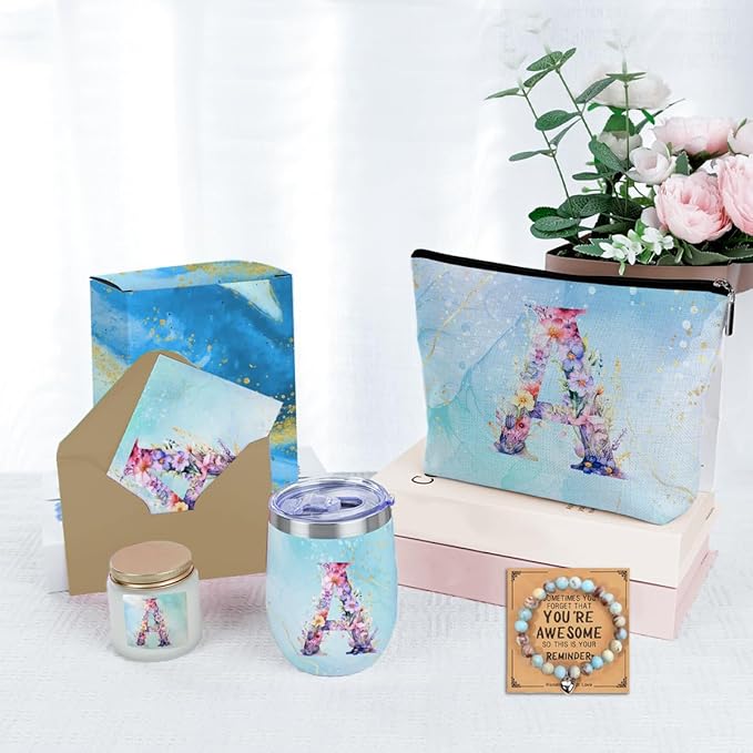 Personalized Gifts Monogrammed Birthday Gifts for Women, Bridesmaid Bachelorette Party Wedding Christmas Initial Wine Tumbler Makeup Bag Scented Candle Bracelet Set, (Aesthetic Purple Flower A)