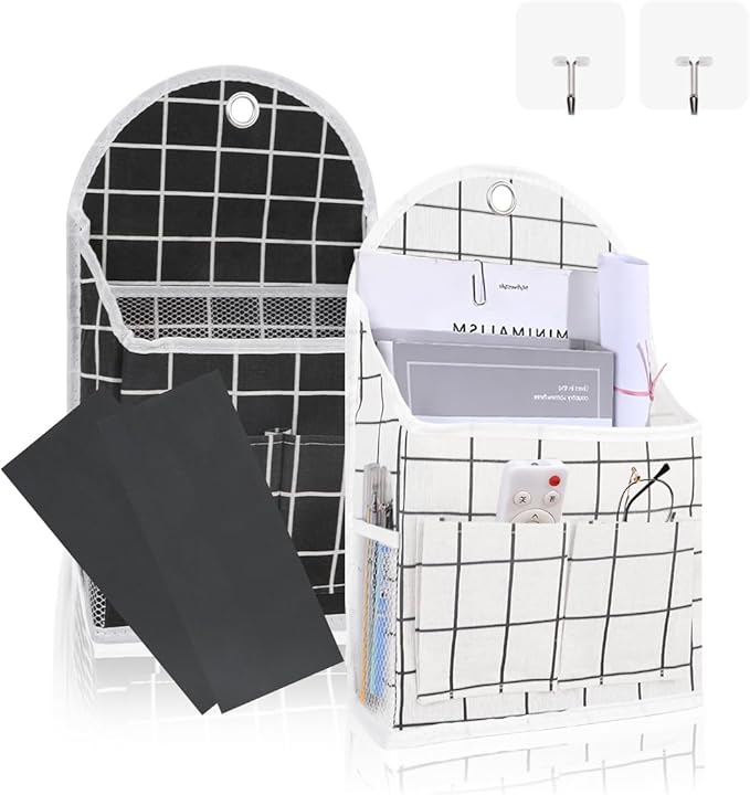 2 Pack Wall Hanging Storage Bag with Pocket, Fabric Organizer Basket with Sticky Hook, Over the Door Caddy Organizer Box for Closet Dormitory Bedroom Bathroom Kitchen (Black Plaid + White Plaid)