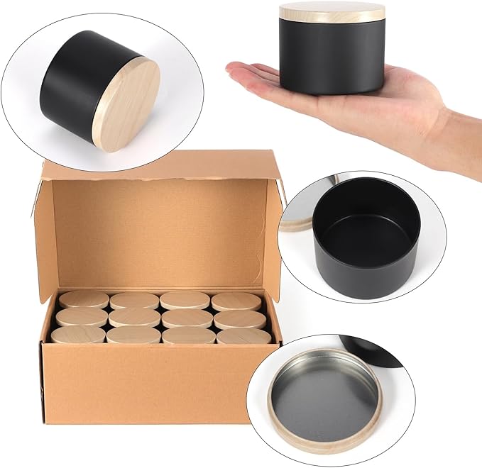 SONVIIBOX 24 PCS 8oz Candle Tins, Black tins with Wood-Grain Metal lids,Candle Jars for Making Candles Bulk,8oz Candle Jars,Tin Jars for Candle Making