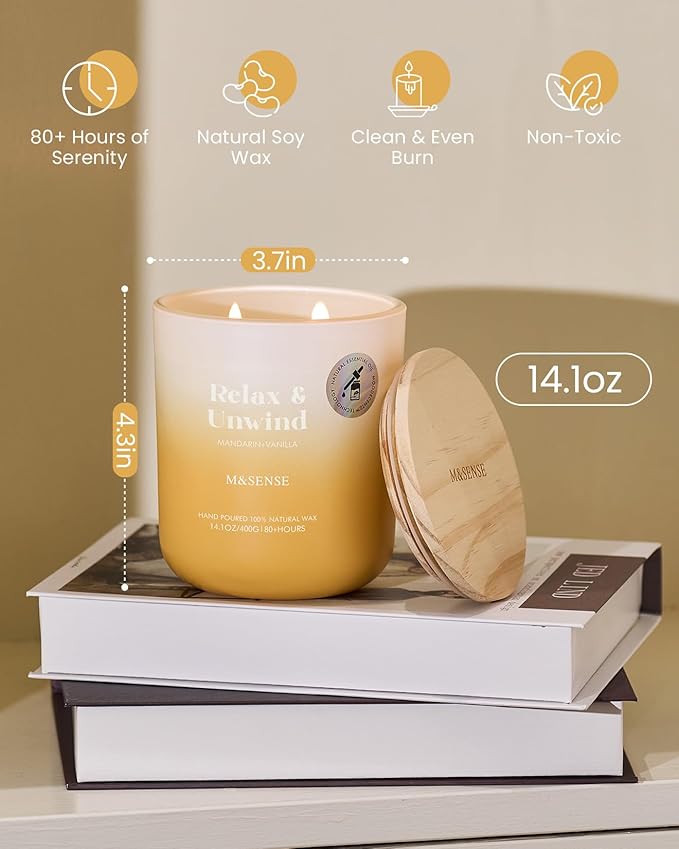 M&SENSE Mandarin Vanilla Candle for Home Scented, 14.1oz Non Toxic 80-Hour Long-Lasting Natural Soy Wax Highly Citrus Scent Aromatherapy Candle for Relaxing Stress Relief & Housewarming