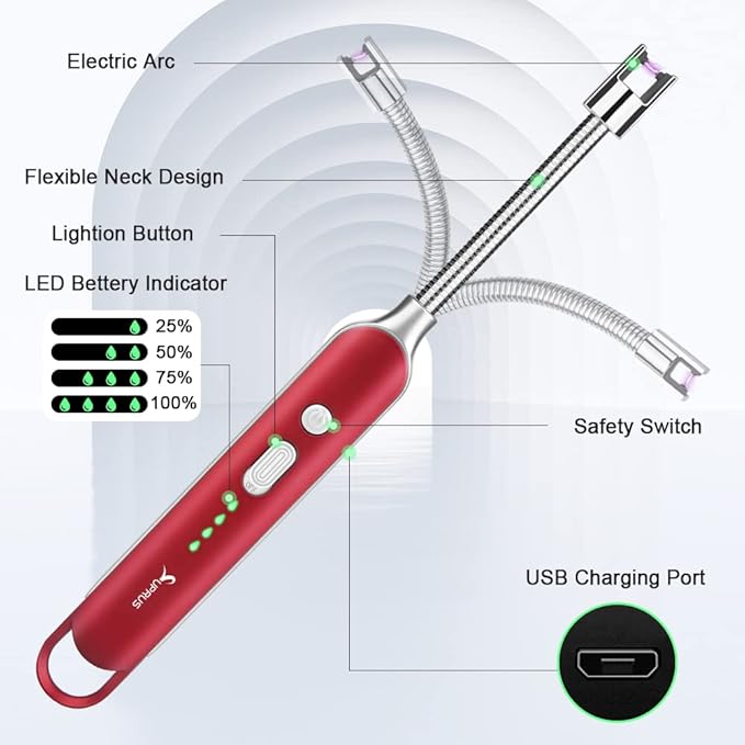 SUPRUS Electric Rechargeable Arc Lighter with LED Battery Display Long Flexible Neck USB Lighter for Candle Cooking (Red)