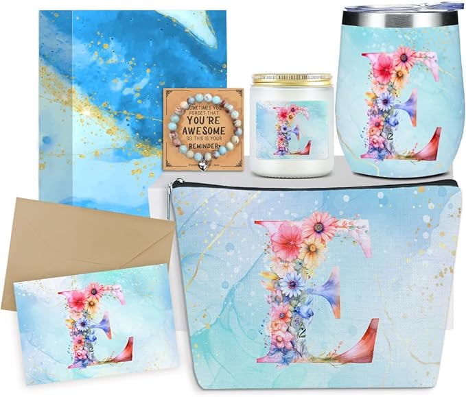 Personalized Gifts Monogrammed Birthday Gifts for Women, Daughter Bestie Friendship Christmas Halloween Initial Wine Tumbler Makeup Bag Scented Candle Bracelet Set, (Aesthetic Blue Flower E)