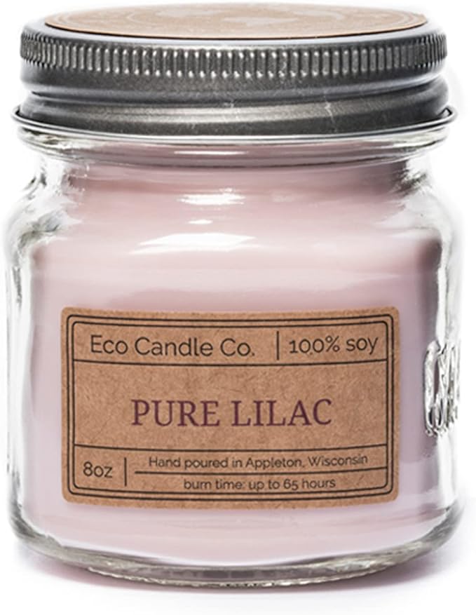 ECO CANDLE CO. Mason Jar Candle, Pure Lilac, 8 oz. - Scents of Pure Lilac Bushes - 100% Soy Wax, No Lead, Kraft Label & Antiqued Pewter Lid, Hand Poured, Made from Midwest Grown Soybeans