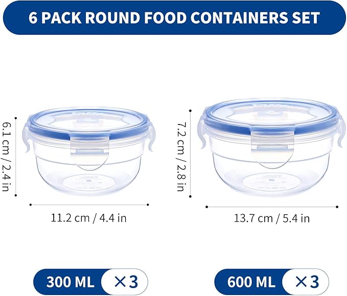 KIGI Leak-Proof Plastic Bowls, Airtight Lid, BPA Free, Ideal for Food Storage, Soup, Snack, Fruit, Meal Prep & Lunch, 4 Sided Locking Lid (2.5 Cup +1.25 cup) 12 Piece Set