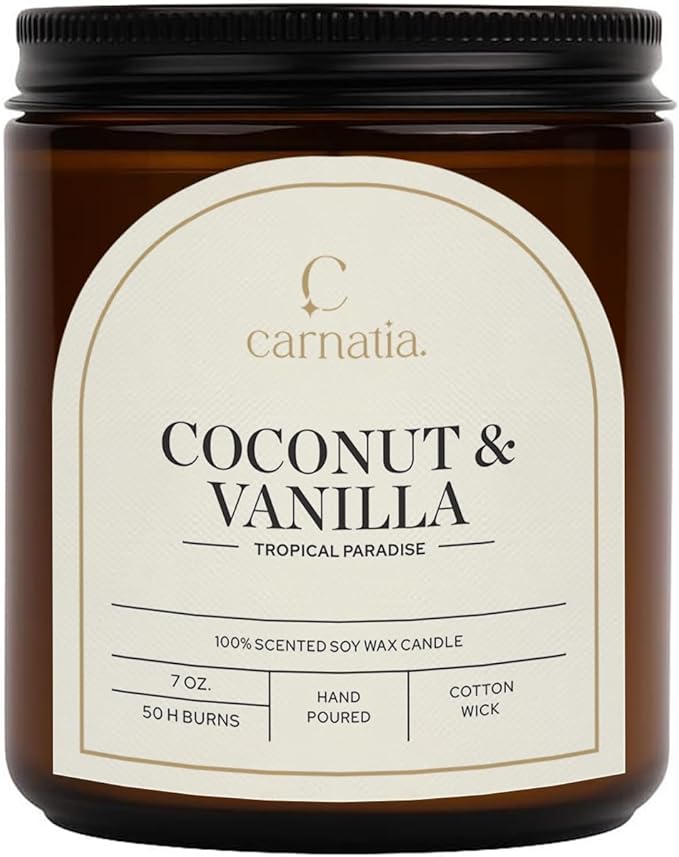 Carnatia Coconut & Vanilla Scented Candle – 7 oz | 100% Soy Wax with Cotton Wick | 50 Hour Burn | Aromatherapy Candle for Home, Stress Relief & Relaxation | Gift for Women & Men