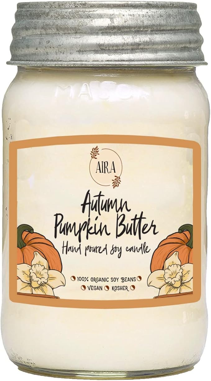 Aira Fall Soy Candles - Organic, Kosher, Vegan, Mason Jar Candle w/Aromatherapy Essential Oils - Hand-Poured 100% Soy Candle Wax - Paraffin Free, Burns 110+ Hours - Autumn Pumpkin Butter - 16 Ounces