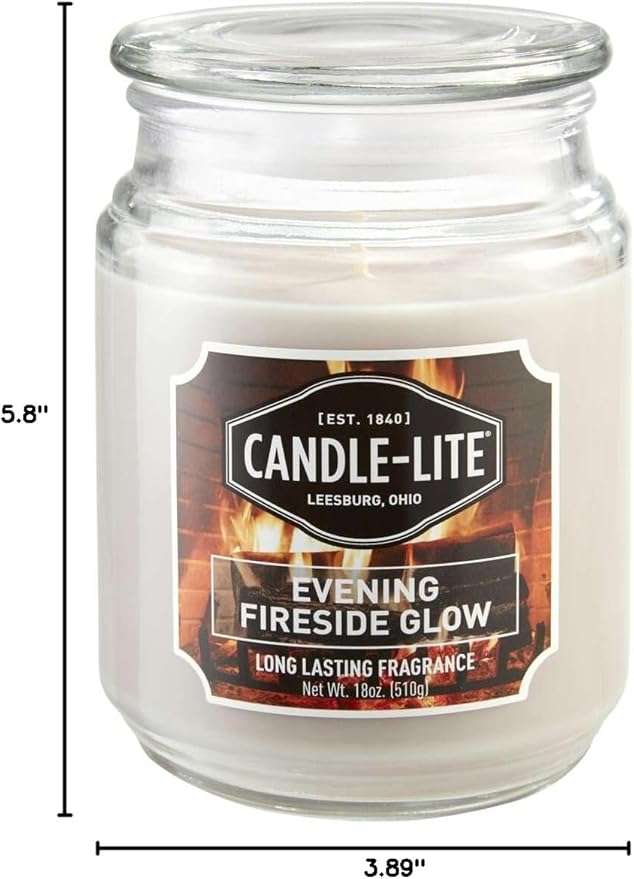 CANDLE-LITE Scented Evening Fireside Glow Fragrance, One 18 oz. Single-Wick Aromatherapy Candle with 110 Hours of Burn Time, Off-White Color, Jar