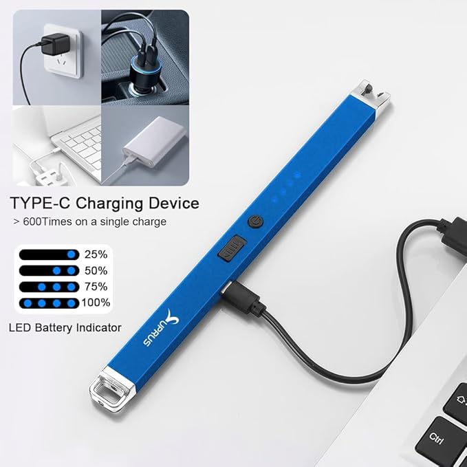 Electric Arc Windproof USB Lighter Flameless Rechargeable Lighter with Safety Lock for Candle (Blue, 3Packs)