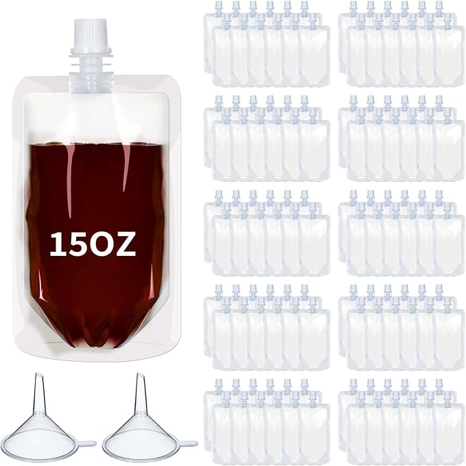 100 Pcs Plastic Pouches Bulk Clear Juice Bags Squeeze Pouches Plastic Leak Proof Bags with Funnel for Party Favors (15 oz)