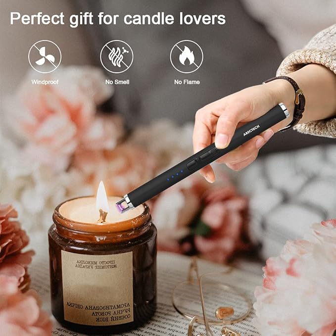 ARECTECH Rechargeable Electric Candle Lighter, Christmas Stocking Stuffers Gifts for Mom Men Wife, Arc Plasma Windproof Lighter for Candle Kitchen Birthday with Type-C Cable,Black