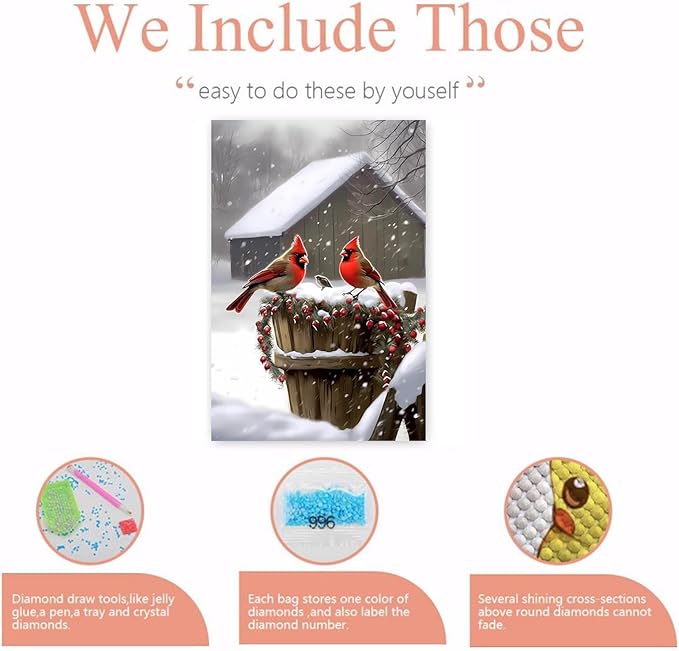 GUAIEUW Snow Lodge Redbird Diamond Painting Kit for Adults, Full Round Diamond Cardinal Bird 5D Diamond Painting DIY Art Crafts for Winter Home Wall Decor Holiday Gift 20x24 Inch