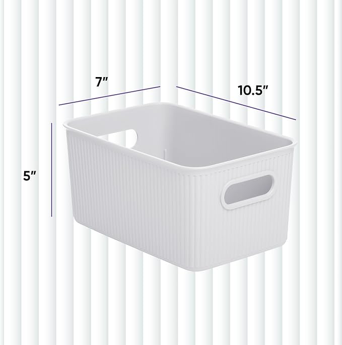 Superio Ribbed Collection - Decorative Plastic Basket Open Home Storage Bins Organizer, Medium White Smoke (1 Pack) Container Boxes for Organizing Closet Storage Bins for Shelves Drawer Shelf 5 Liter