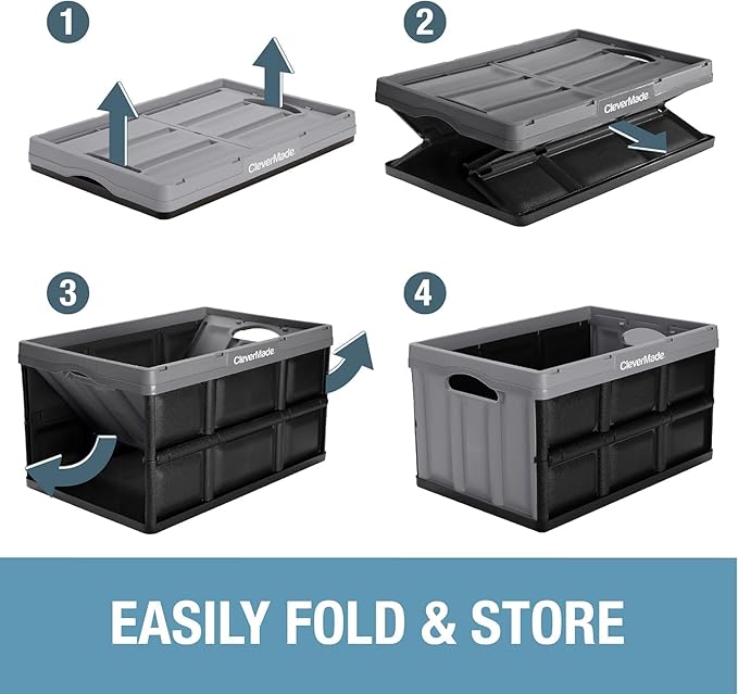 CleverMade Collapsible Storage Bins 46L (3-Pack) – Heavy Duty Collapsible Plastic Storage Bins, Stackable Folding Storage Bins for Car, Garage, Home Organization - Foldable Bins, Ocean