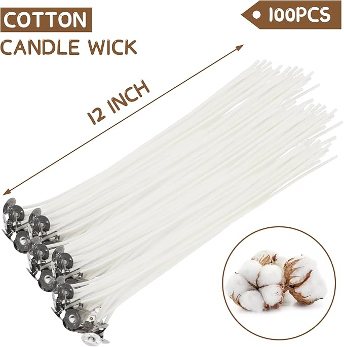 JEAWIWI Candle Wicks for Candle Making 12 in 100 Pcs with 100 Pcs Wick Stickers and 10 Pcs Candle Wick Holders, Cotton Wicks for Soy Wax, Beeswax, Coconut Wax
