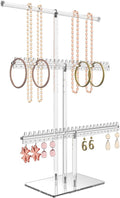 lengnoyp Premium Jewelry Stand, Earring Holder, Necklace Holder Stand, Clear 3-Tier Acrylic Large Storage Jewelry Organizer Stand & Bracelet/Bangles Stand, 48 Earring Holes Display Stands