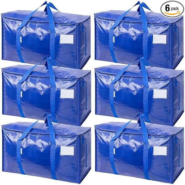 6-Pack Extra Large Heavy-Duty Moving Bags with Zippers & Handles - Space Saving Storage Solution