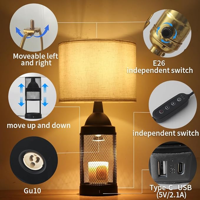 Electric Candle Warmer Lamp Dlack,24H Cycle Timer, Dimmable, Dual Charging Port, Wax Melt Warmer with 2 Bulbs,Country Lamps for Bedroom Nightstand with USB&Type-C Ports, Gifts Christmas Birthday