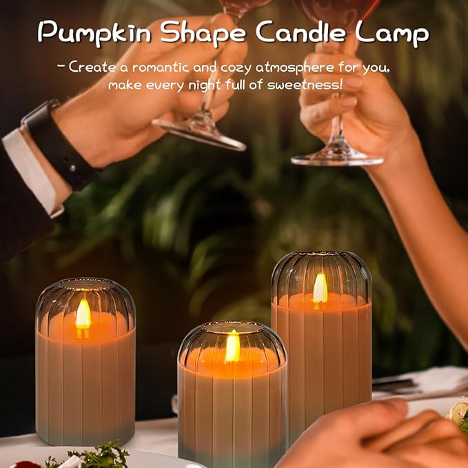 Rechargeable Flameless Candle, Flashing LED Pillar Real Wax Candle with Remote Control and Timer, Green Pumpkin Glass Electronic Candles for Room Decoration, 1 Set of 3