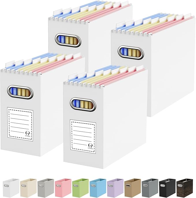 Oterri File Organizer Box, Portable Collapsible Cardboard File Folder Organizer with Handle for Letter Size Hanging Files, Document Storage Box for Home Office & Classroom (4 Packs, White)