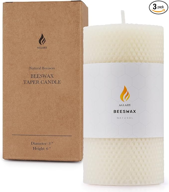3 * 6" Beeswax Pillar Candle, Large Handmade Pure Beeswax Rolled Candle,Nature,Unscented & Dripless & Smokeless,White
