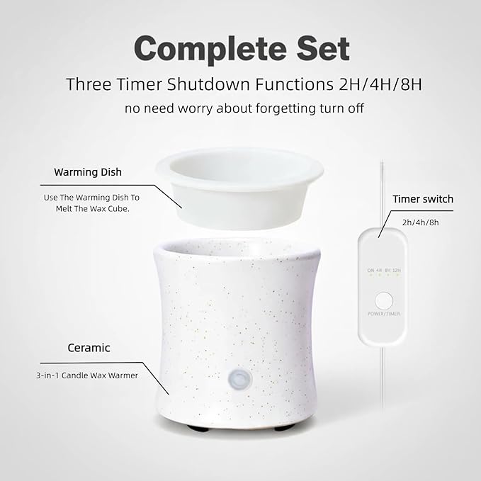 ASAWASA 3 in 1 Ceramic Wax Melt Warmer with 4 Timer and Silicone Dish, Candle Wax Warmer for Scented Wax & Essential Oils,Ideal Gift for Home Office Bedroom Living Room Décor (White)
