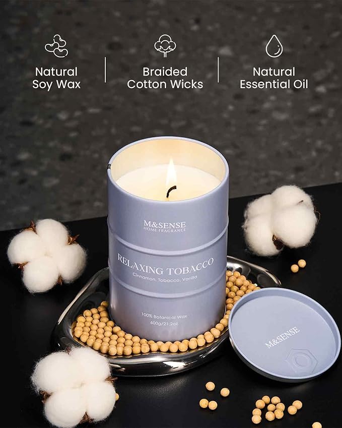 M&SENSE Vanilla Tobacco Scented Candles Large, Natural Soy Candles 21.2oz 120 Hour Slow Burning,Aromatherapy Candle for Stress Relief Meditation Relaxing