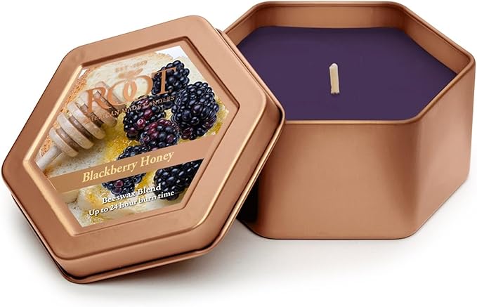 Root Candles Scented Candles in Travel Tin 24-Hour Honeycomb Traveler Handcrafted Beeswax Blend Candle, 4-Ounce, BlackBerry Honey