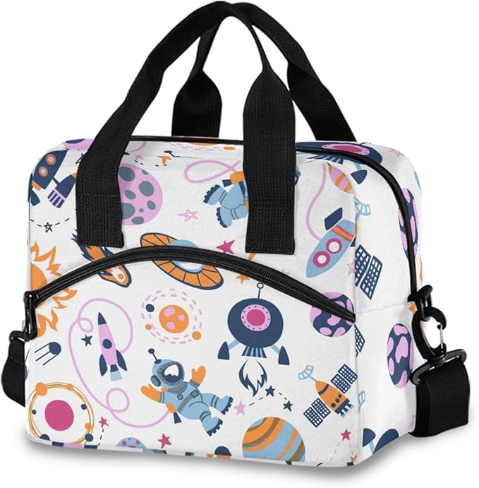 CBBYY Space Rocket Planets Star Astronaut Lunch Bags for Women Men, Reusable Insulated Lunch Box, Adjustable Shoulder Straps Tote Lunch Bag for Work Picnic School