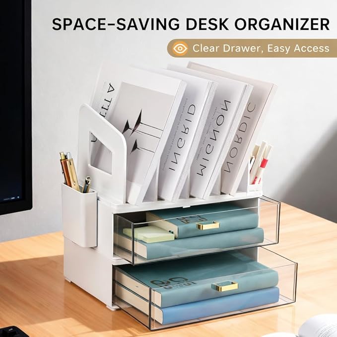 CiWiVOKi White Desk Organizer with 4 File Holder Slots, 2 Clear Drawers & Dual Pen Holders, Multi-Functional Office Supplies Desktop Storage for Home Office, Space-Saving Mail Sorter & Caddy