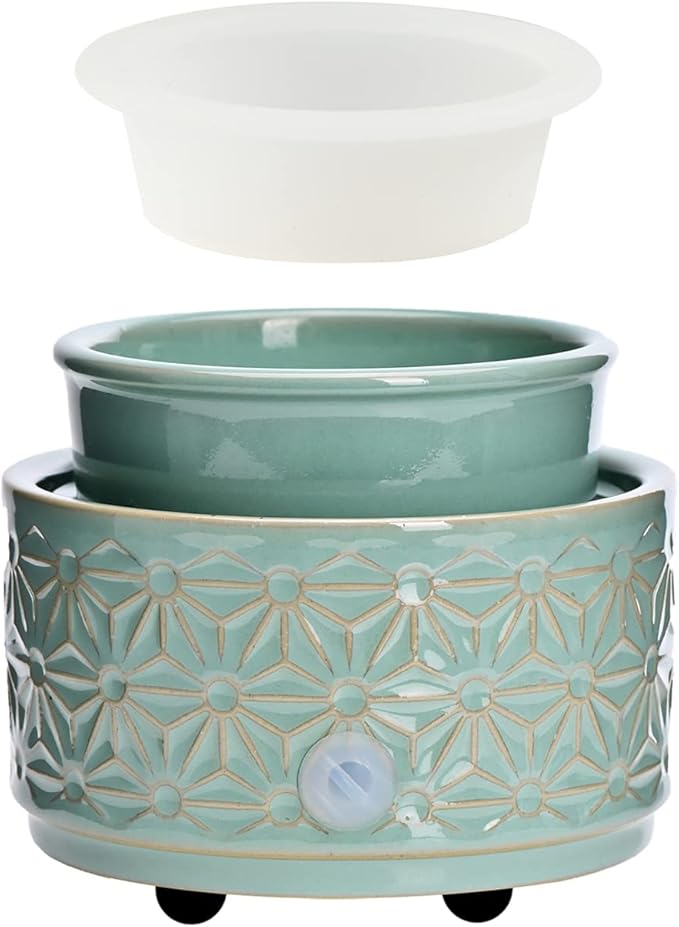 ASAWASA Wax Melt Warmer with 1 pc Silicone Dish,3-in-1 Ceramic Wax Melter Burner for Kitchen Home Spa Yoga Gift (Cyan Hexagon Pattern)