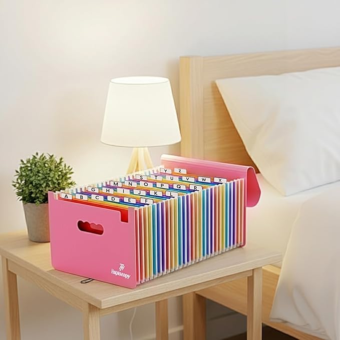 Accordion File Organizer, 26 Pockets Expanding Accordion Folder, A4 Letter Size Filing Organizer with Colorful Tabs, Elastic Cord, 60 Paper Clips, Labels & Stickers for Office (Pink)