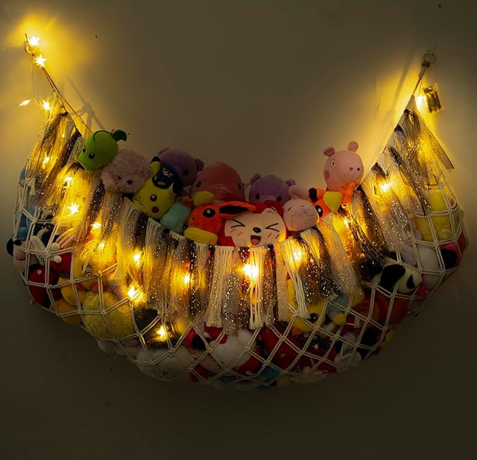 Large Stuffed Animal Net or Hammock with Light Wall Hanging Organizer for Kid Room Toy Storage Net Bedroom Playroom Plush Toy Holder-Cream