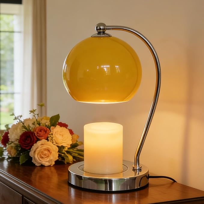 Candle Lamp Warmer with Timer and Dimmer, Wide Base Scented Candle Warmer, Adjustable Candle Melting Lantern, Metal Home Decor Table Lamp, Yellow
