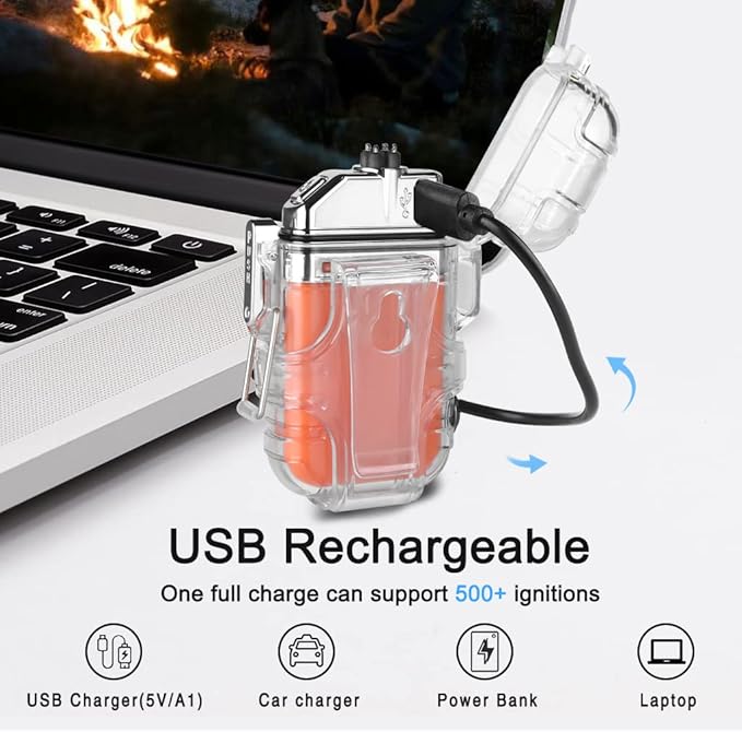 SUPRUS Waterproof 3 Modes of Flashlight Windproof Lighter Dual Arc Electric Rechargeable Dual Arc Plasma Lighter with Survival Emergency Whistle and Lanyard (Orange)