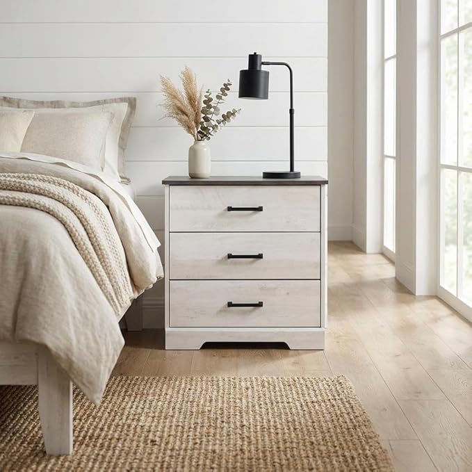 Furnifact White Nightstand Bedside Table, Farmhouse Style, Laminate Finish, Rectangular Shape, One Size for Bedroom, Modern and Durable Design
