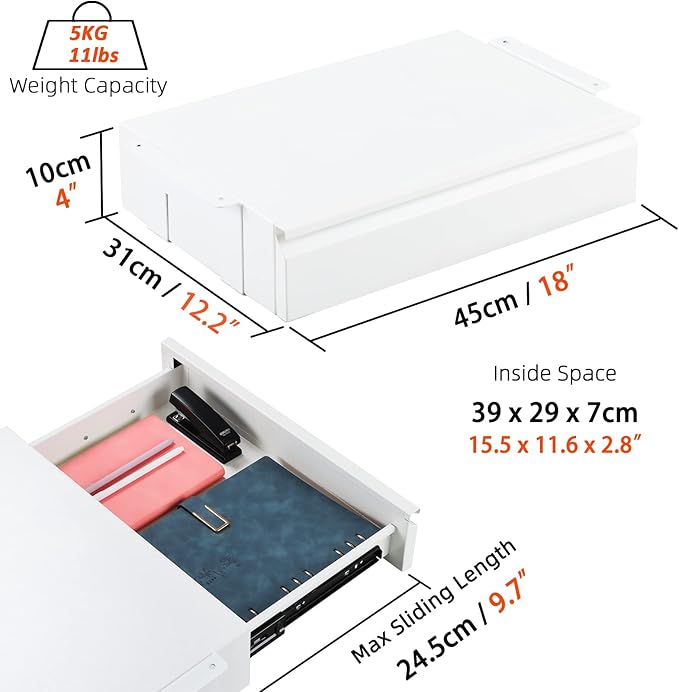 Under Desk Drawer 18", Pull-out Storage Organizer with Large Slide Extension Mounted Under Flat Wooden Table or Workbench, White_Normal Version