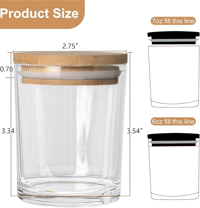 CONNOO 15 Pack 7 OZ Clear Candle Jars with Bamboo Lids, Thick Glass Empty Jars for Making Candles - Dishwasher Safe, in Bulk.